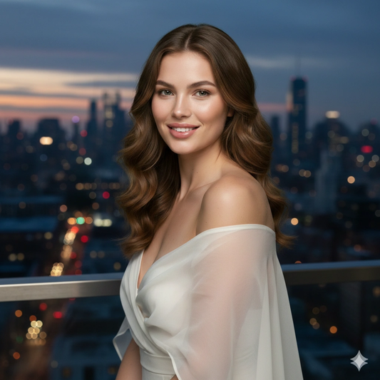 Luxury Balcony Evening Hot Girl Portrait Cinematic AI generation example for Hot Girl Portrait - PROMPT: Create a photorealistic evening balcony portrait of a confident woman ov...