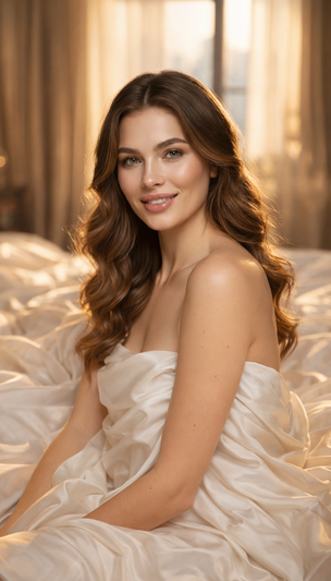 Morning Bedroom Silk Hot Girl Portrait Cinematic AI generation example for Hot Girl Portrait - PROMPT: Create a portrait of the woman from the provided reference image. Do not...