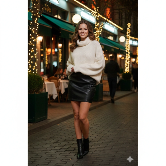 Leather Skirt Cozy Hot Girl Portrait Cinematic AI generation example for Hot Girl Portrait - PROMPT: Photorealistic portrait of a fashionable woman wearing a sleek leather s...