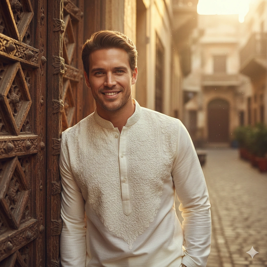 Traditional Kurta Male Portrait Cinematic Photorealistic AI generation example for Kurta Portrait - PROMPT: Create a photorealistic portrait of the young man from the reference ima...