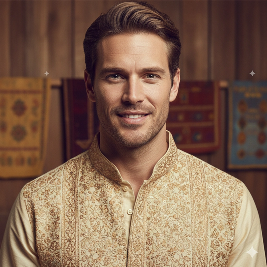 Traditional Kurta Male Portrait Cinematic AI generation example for Kurta Portrait - PROMPT: Generate a traditional kurta portrait with soft daylight illumination, r...