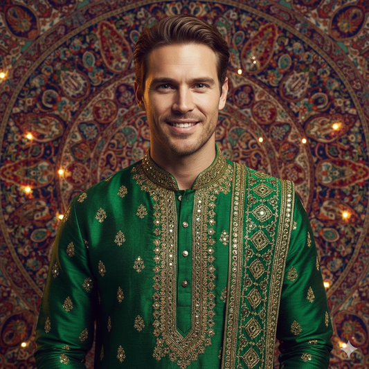 Traditional Kurta Male Portrait Photorealistic AI generation example for Kurta Portrait - PROMPT: Produce a vibrant portrait of the subject (reference) wearing a green ku...