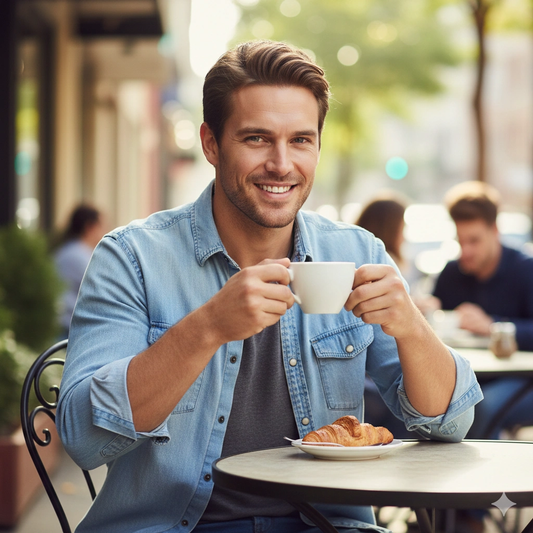 Casual Cinematic Female Lifestyle Portrait AI generation example for Lifestyle Portrait - PROMPT: Create a casual lifestyle portrait of the young man enjoying coffee at a...