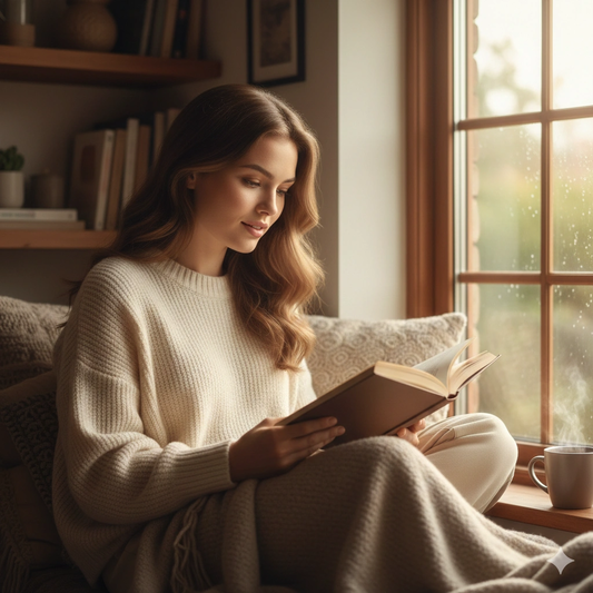 Cozy Cinematic Female Lifestyle Portrait AI generation example for Lifestyle Portrait - PROMPT: Create a cozy lifestyle portrait of the young woman reading a book at ho...