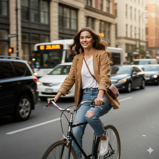 Urban Cinematic Female Lifestyle Portrait AI generation example for Lifestyle Portrait - PROMPT: Generate an urban lifestyle portrait of the young woman riding a bike in...