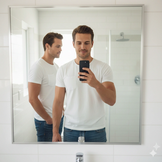 Artistic Reflection Female Portrait Lifestyle AI generation example for Lifestyle Portrait - PROMPT: Generate a realistic lifestyle portrait of a confident young man taking ...