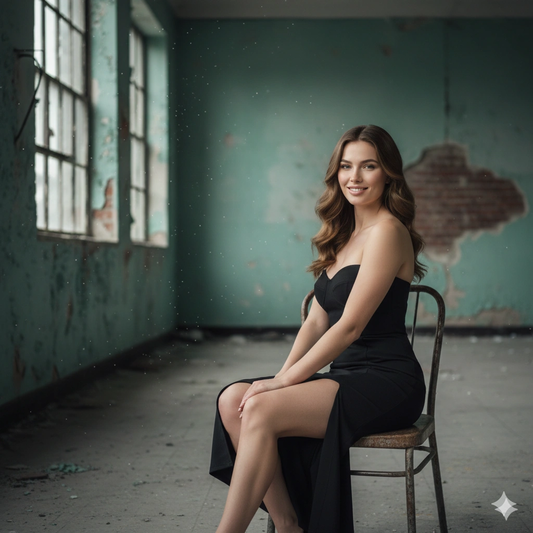 Low Light Moody Portrait Cinematic AI generation example for Moody Portrait - PROMPT: Create a moody urban portrait of a confident young woman seated on a vin...