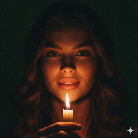 Candlelit Portrait Cinematic Moody AI generation example for Moody Portrait - PROMPT: Create a low-light dramatic portrait of the young woman from the referen...