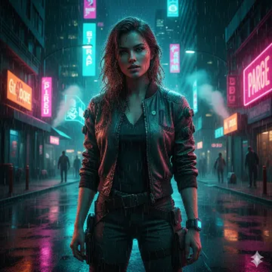 Cyberpunk Street Style Movies Cinematic Portrait AI generation example for Movies - STRICT FACE LOCK: Use only the provided facial reference image with absolute pre...