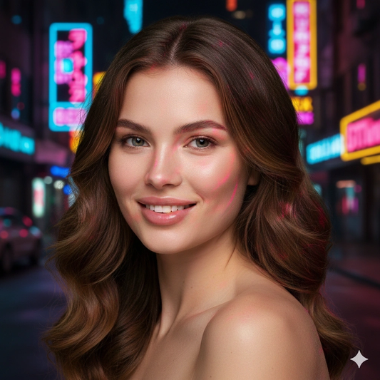 Neon Night Cinematic Female Portrait AI generation example for Neon Portrait - PROMPT: Generate a vibrant urban neon portrait of the young man under glowing ci...