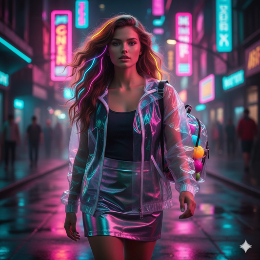 Cyberpunk Neon Walking Portrait Cinematic Photorealistic AI generation example for Neon Portrait - SUBJECT DESCRIPTION:
A beautiful, stylish young woman based on the uploaded fac...