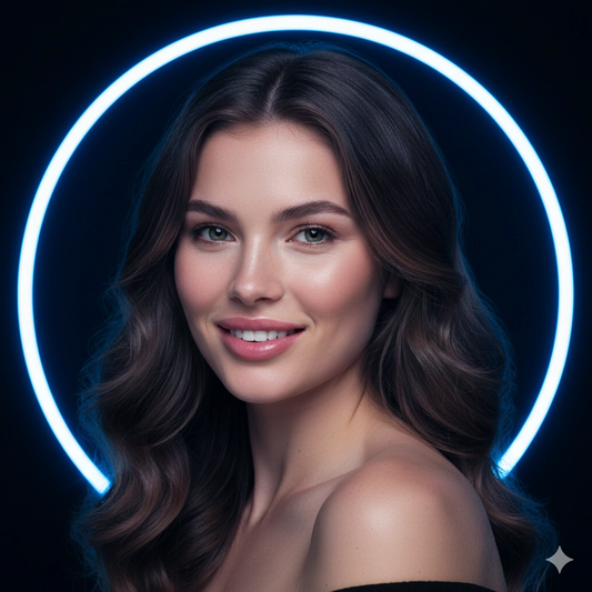 Blue halo light Neon Portrait Cinematic AI generation example for Neon Portrait - PROMPT: Generate an ultra realistic neon portrait of a confident young woman ill...