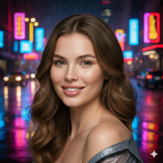Neon night portrait Cinematic AI generation example for Neon Portrait - PROMPT: Compose a neon night portrait of the young man on a rain-soaked street i...