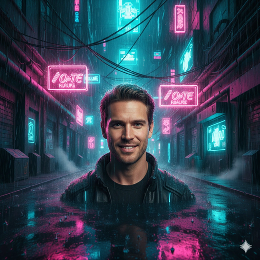 Neon Night Cinematic Female Portrait AI generation example for Neon Portrait - PROMPT: Create a gritty cyberpunk neon portrait of the young man in the referenc...