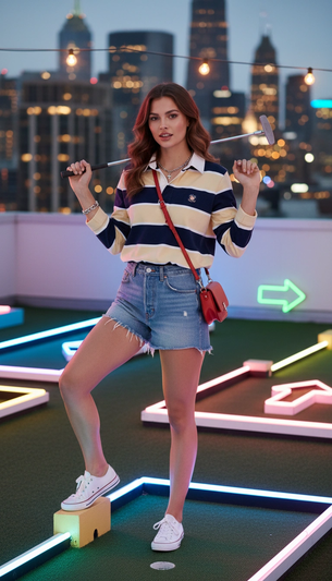 One Swing From Outdoor Portrait AI generation example for Outdoor Portrait - PROMPT: Create a portrait of the woman from the provided reference image. Do not...