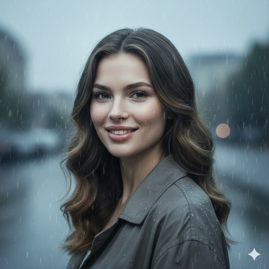Rainy day cinematic Rain Portrait 8K AI generation example for Rain Portrait - PROMPT: Create a hyper-realistic cinematic portrait of the subject on a rainy da...