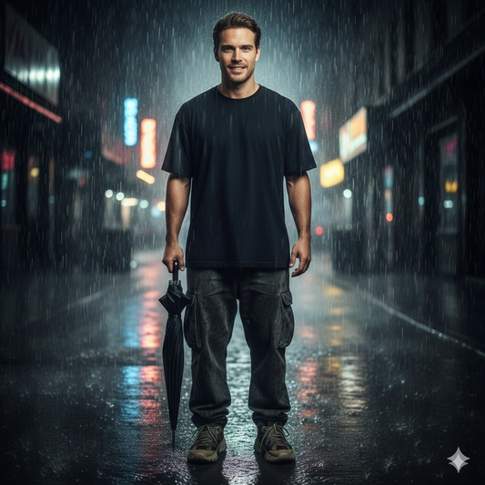 Neon Night Cinematic Rain Portrait AI generation example for Rain Portrait - PROMPT: Create a cinematic rain portrait of a gender-neutral young subject stand...