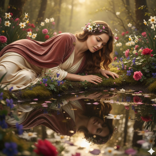 Lost Reflection Portrait Cinematic Photorealistic 8K AI generation example for Reflection Portrait - **PROMPT TITLE:** Narcissus Reflection – Pre-Raphaelite Myth Portrait
**STRIC...