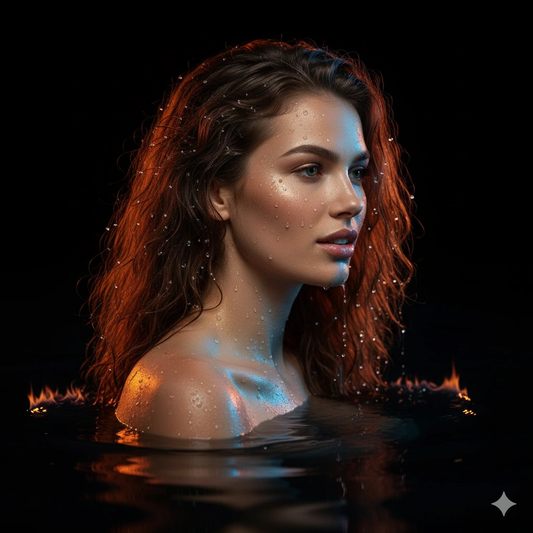 Glow Depths Reflection Portrait Cinematic 8K AI generation example for Reflection Portrait - **REFERENCE FIDELITY:** Create an image without altering the woman's facial feat...