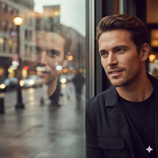 Artistic Reflection Female Portrait Reflection Portrait AI generation example for Reflection Portrait - PROMPT: Generate a reflective portrait of the young man leaning against a glass ...