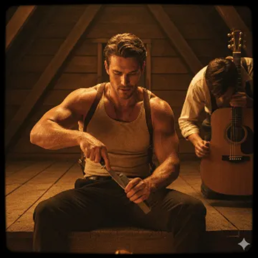 SINNERS Knife Sharpening Movie Cinematic AI generation example for Sinners Movie - STRICT FACE + BODY + SCENE LOCK (ABSOLUTE, NON-NEGOTIABLE): Use the provided ref...