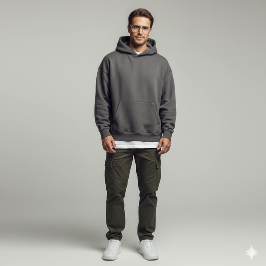Studio streetwear portrait Boy AI generation example for Streetwear Boy - PROMPT: Create a modern studio photoshoot image of the young man from the refere...