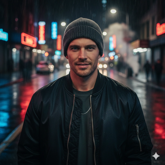 Night city streetwear Boy Cinematic Portrait AI generation example for Streetwear Boy - PROMPT: Generate a nighttime streetwear portrait of the young man on a neon-lit ...