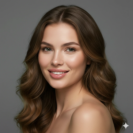 Grey background professional Studio Portrait Cinematic AI generation example for Studio Portrait - PROMPT: Create a professional studio portrait of a confident young woman against...