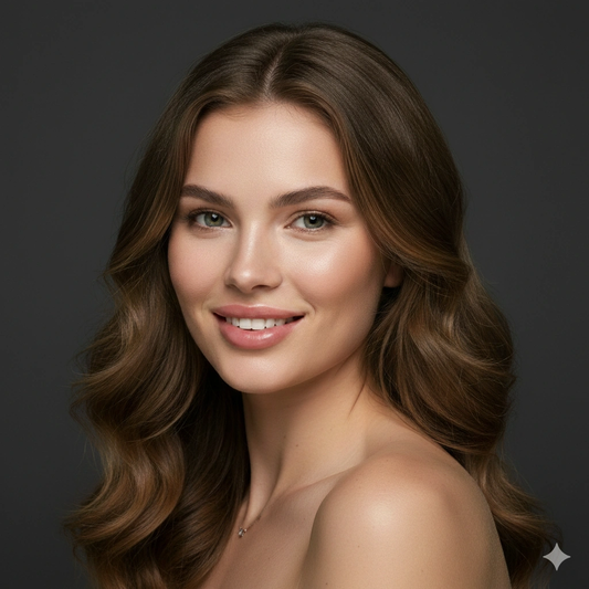 Professional Studio Female Portrait AI generation example for Studio Portrait - PROMPT: Create an artistic studio portrait of the young woman with soft spotligh...