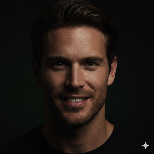 Professional Studio Female Portrait AI generation example for Studio Portrait - PROMPT: Generate a low-key studio portrait of the young man against a dark backg...