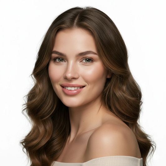 Professional Studio Female Portrait AI generation example for Studio Portrait - PROMPT: Create a high-key studio portrait of the young woman with bright white b...