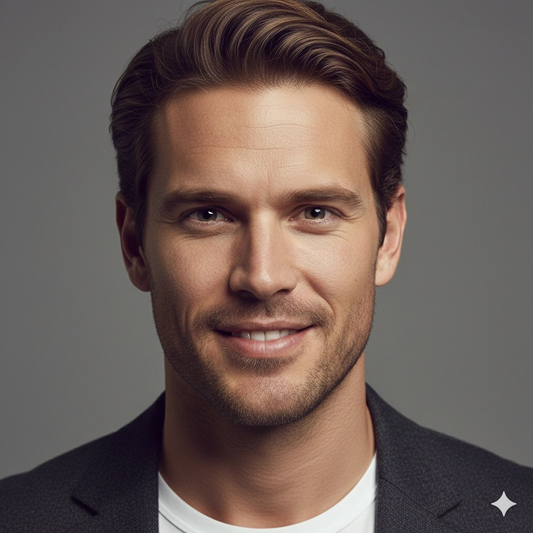 Professional Studio Female Portrait AI generation example for Studio Portrait - PROMPT: Generate a clean studio portrait of a confident young man with balanced ...