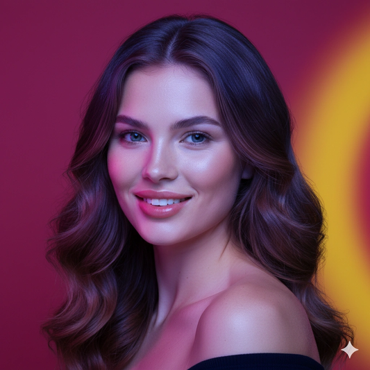 Professional Studio Female Portrait AI generation example for Studio Portrait - PROMPT: Create a colorful studio portrait of the young woman with vibrant colore...