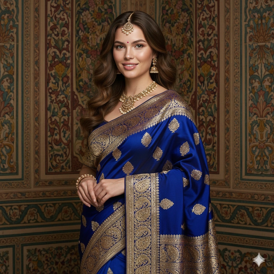Regal saree portrait Traditional Photorealistic AI generation example for Traditional Portrait - PROMPT: Create a regal traditional portrait of the young woman in a royal blue s...