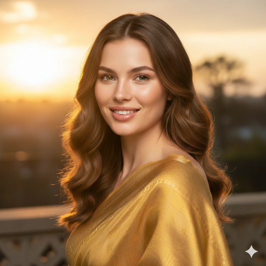 Golden hour saree Traditional Portrait Photorealistic AI generation example for Traditional Portrait - PROMPT: Generate a radiant traditional portrait of the young woman wearing a gol...