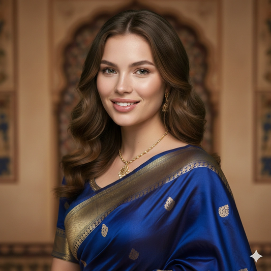 Silk sari studio Traditional Portrait Cinematic AI generation example for Traditional Portrait - PROMPT: Create a photorealistic traditional portrait of an elegant young woman w...