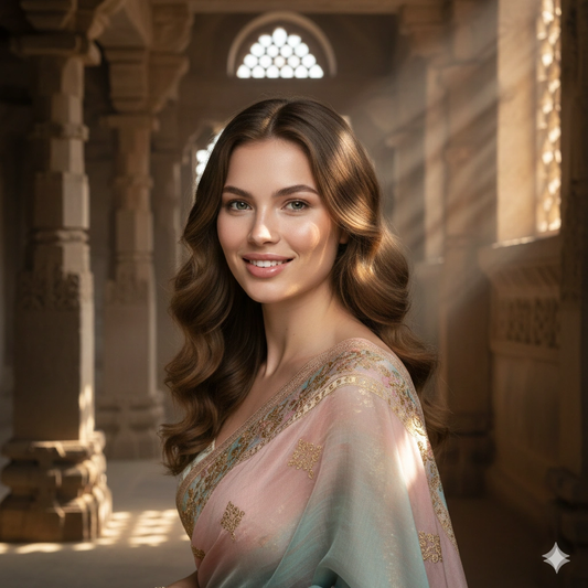 Temple saree portrait Traditional AI generation example for Traditional Portrait - PROMPT: Create a serene traditional portrait of the young woman in a pastel-colo...