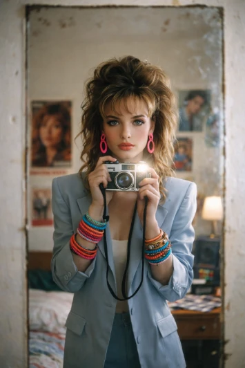 80s Retro Camera Vintage Editorial Portrait Cinematic AI generation example for Vintage Portrait - An ultra-realistic portrait of a stylish young woman standing in front of a mirr...
