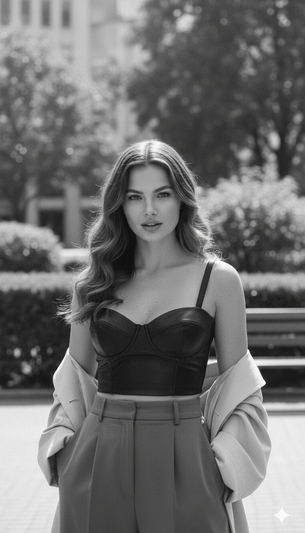 Monochrome Rebellious Portrait Vintage Editorial Cinematic AI generation example for Vintage Portrait - PROMPT: Create a portrait of the woman from the provided reference image. Do not...