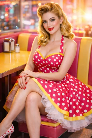 Retro PinUp Diner Vintage Editorial Portrait Cinematic AI generation example for Vintage Portrait - Identity Preservation: Use uploaded photo as the sole facial reference for the f...
