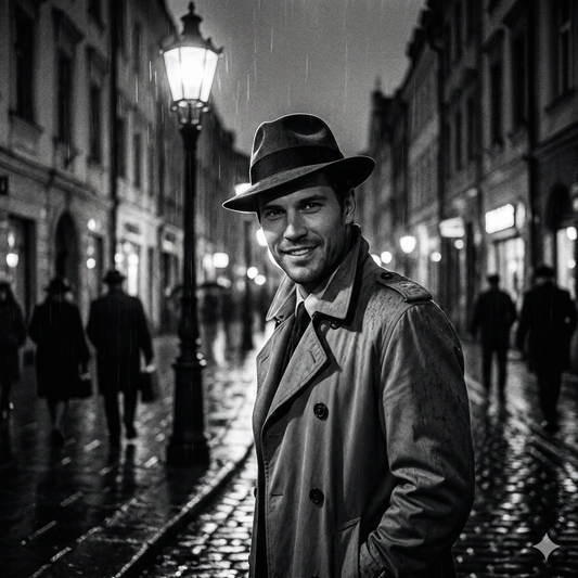 Black White Street Vintage Portrait AI generation example for Vintage Portrait - A moody black-and-white street photograph of a middle-aged man in a trench coat ...