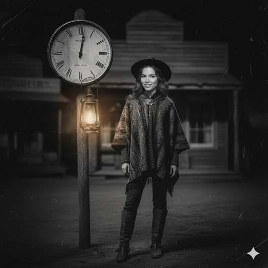 Neon Night Cinematic Vintage Portrait AI generation example for Vintage Portrait - PROMPT: Generate a vintage-style portrait of a confident young woman in an Old W...