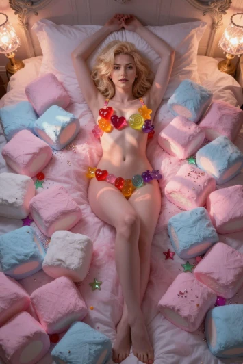 Candy Dreamscape Boudoir Digital Art with Surreal Marshmallow Fantasy AI generation example for Hot Girl Portrait - Digital art, top-down view of a woman reclining supine on a bed entirely submerg...