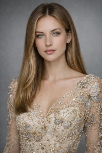 Elegant Butterfly Embroidery Portrait Photorealistic Flux AI Prompt AI generation example for Lifestyle Portrait - { "subject": { "description": "Oval face shape with smooth, fair skin. D...