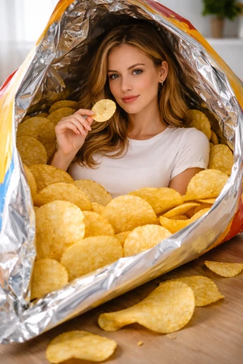 Surreal Giant Chips Bag Conceptual Photography Prompt AI generation example for Moody Portrait - Identity Preservation: 100% identical to reference; preserve face, makeup, hair,...
